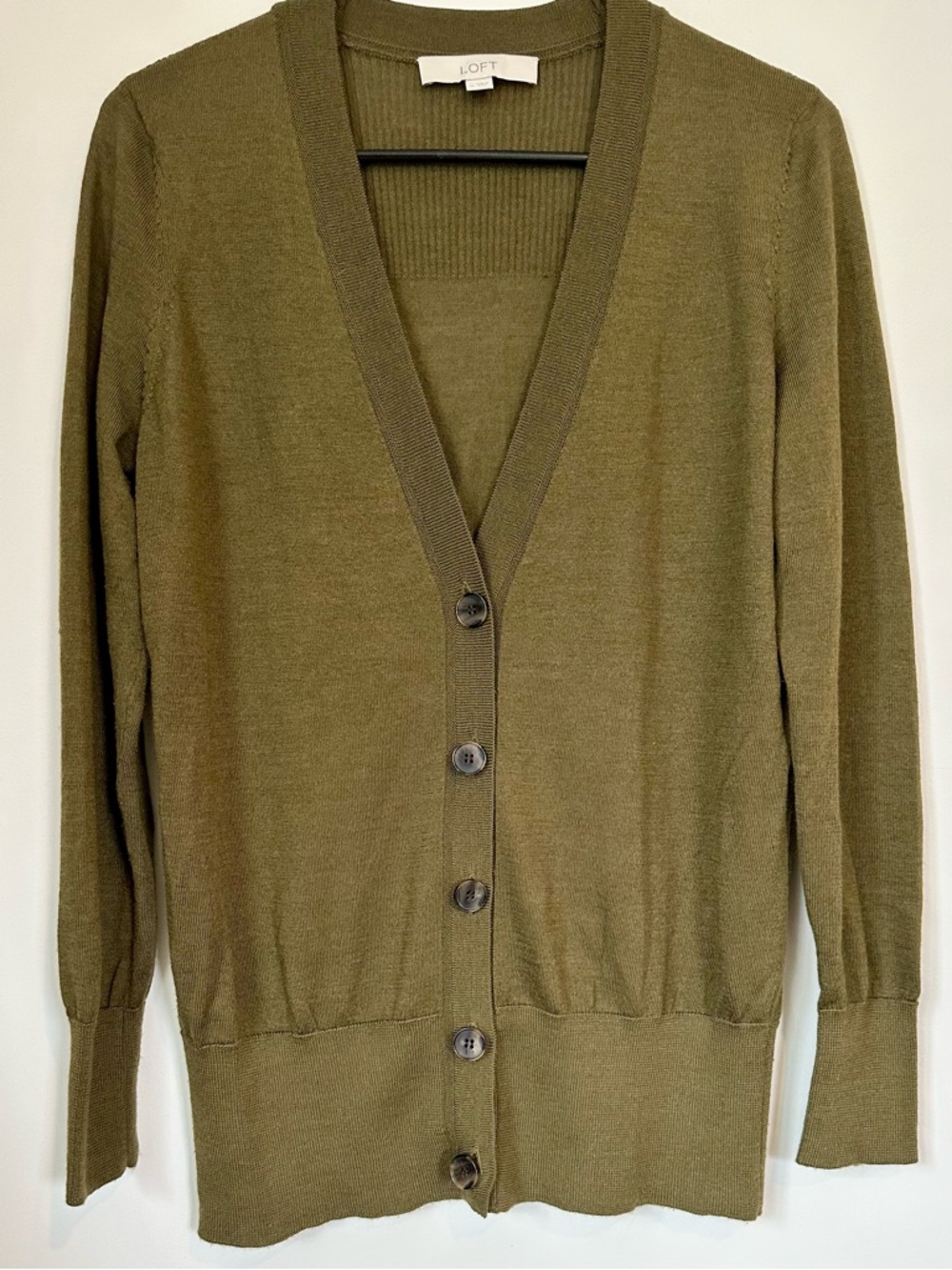 LOFT Olive Green V-Neck Button Wool Blend Cardigan - Size: Medium - Picture 6 of 6